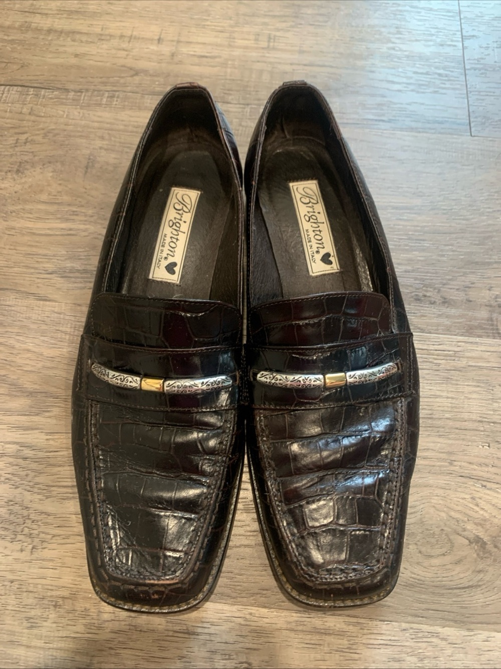 Brighton Vintage Dark Brown Black Croc-Embossed Leather Loafers